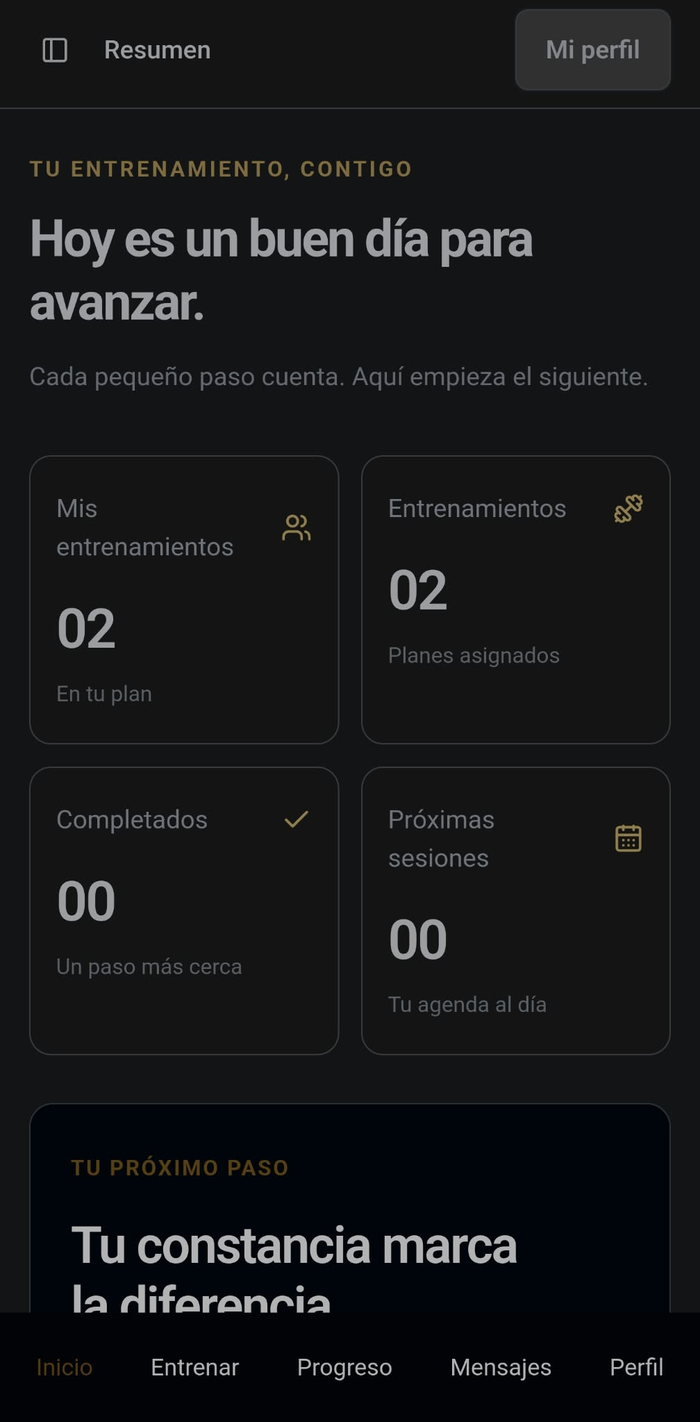 Vista móvil real de AF Personal Training con resumen y navegación inferior